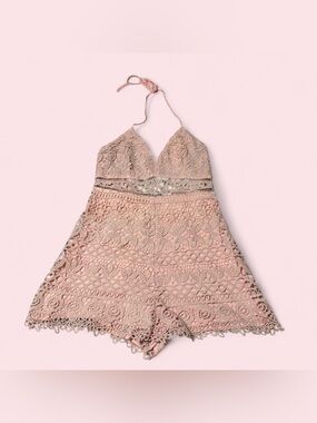 Lush Pink Crochet Lace Halter Romper